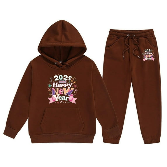 Hwmodou Toddler Girls Outfit Sets Kids 2025 New Year Printing Middle And Large Long Sleeved Letter Print Hooded Top Sweater Pants Set,2-Piece,Size 2-13Y