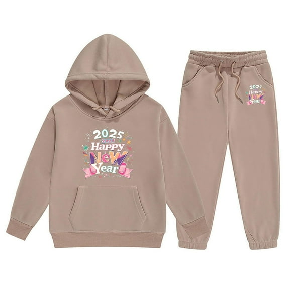 Toddler Girls Outfit Sets Kids 2025 New Year Printing Middle And Large Long Sleeved Letter Print Hooded Top Sweater Pants Set,2-Piece,Size 2-13Y