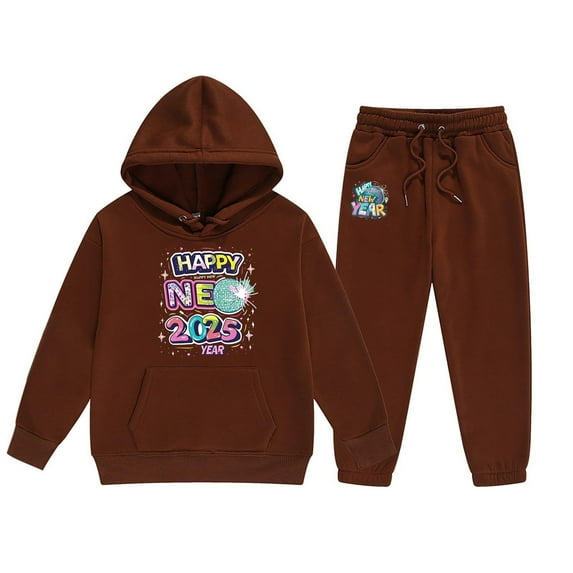 Toddler Girls Outfit Sets Kids Middle And Older Long Sleeved 2025 New Years Print Hooded Top Sweater Pants Set,2-Piece,Size 2-13Y