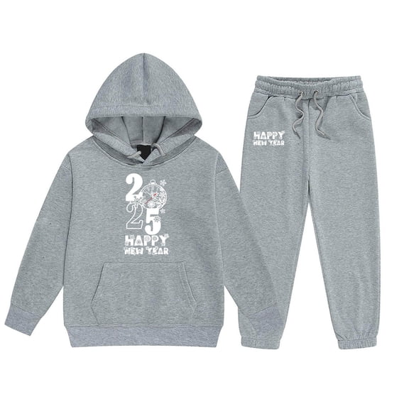 Toddler Girls Outfit Sets Kids Middle And Older Long Sleeved 2025 New Years Print Hooded Top Sweater Pants Set,2-Piece,Size 2-13Y