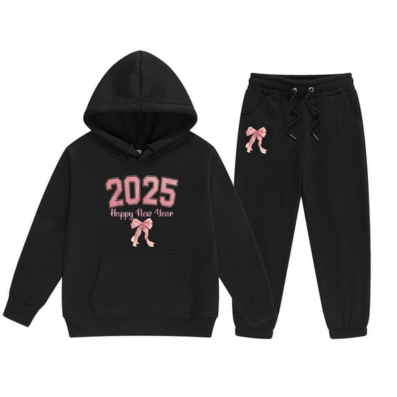 Toddler Girls Outfit Sets Kids Middle And Older Long Sleeved 2025 New Years Print Hooded Top Sweater Pants Set,2-Piece,Size 2-13Y