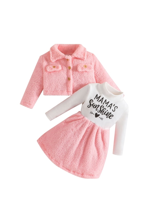 Toddler Girls Outfit Sets Lapel Coat Letter Print Dress Furry Fleece Children Suit For 3-4 Years