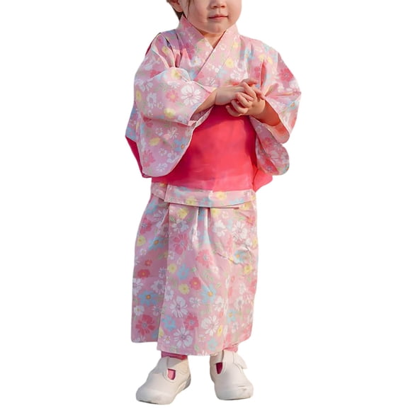 Toddler Girls Outfit Sets Long Sleeve Flower Print Japanese Kimono Lace Belt Set Kids Girls Stylish Everyday Wear Photoshoots Outdoor Outfit Sets，2Piece，12 -18 Months