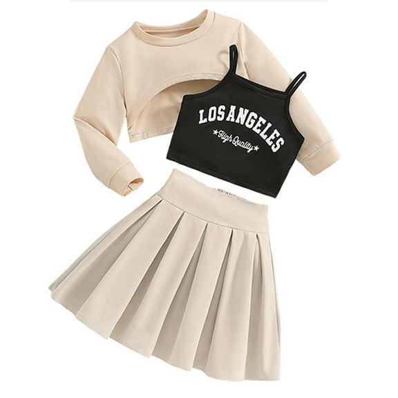 Toddler Girls Outfit Sets Long Sleeve Top With Letter Print Sling And Solid Color Skirt Set Kids Girls Summer Slouchy Leisure Outfit Sets，3Piece，4 -5 Years