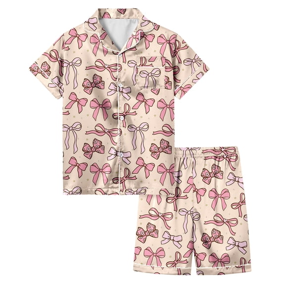 Toddler Girls Outfit Sets Love Bow Print Turn-Down Collar Short Sleeve Girls Set Fashion Casual Daily Children Girls Pajamas Outfit Sets,8 -9 Years