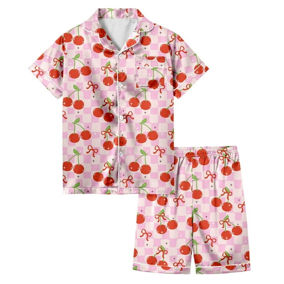 Toddler Girls Pajama Sets Love Cherry Print Turn-Down Collar Short Sleeve Girls Set Fashion Casual Daily Children Girls Pajamas Outfit Sets,4 -5 Years