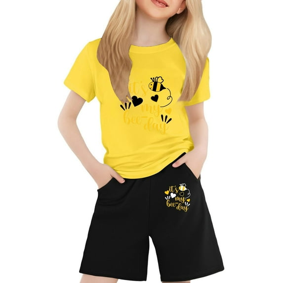 Toddler Girls Outfit Sets Cartoon Honey Print Round Neck Short Sleeved T Shirt And Shorts Set Kids Girl Comfortable Outfit Sets,2Piece,2 -3 Years