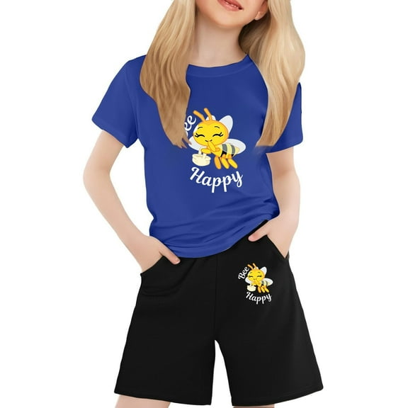 Toddler Girls Outfit Sets Round Neck Cartoon Honey Print T-Shirt And Shorts Set Comfortable Daily Children Girls Outfit Sets,2 Piece,6 -7 Years