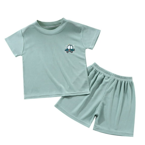 Toddler Girls Outfit Sets Solid Color Cartoon Ice Silk Short Sleeve Shirts With Shorts Pajamas Clothing Outwear