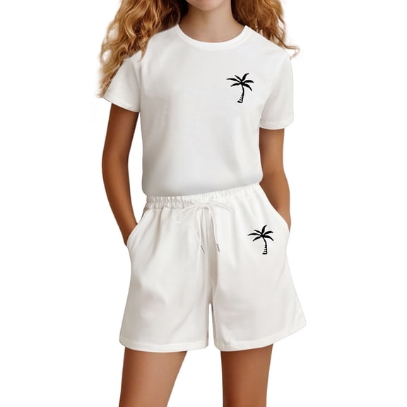 Toddler Girls Outfit Sets Summer Coconut Tree Printing Round Neck T-Shirt And Shorts Set Kids Girls Comfort Playwear School Outdoor Activities Outfit Sets,2 Piece,7 -8 Years