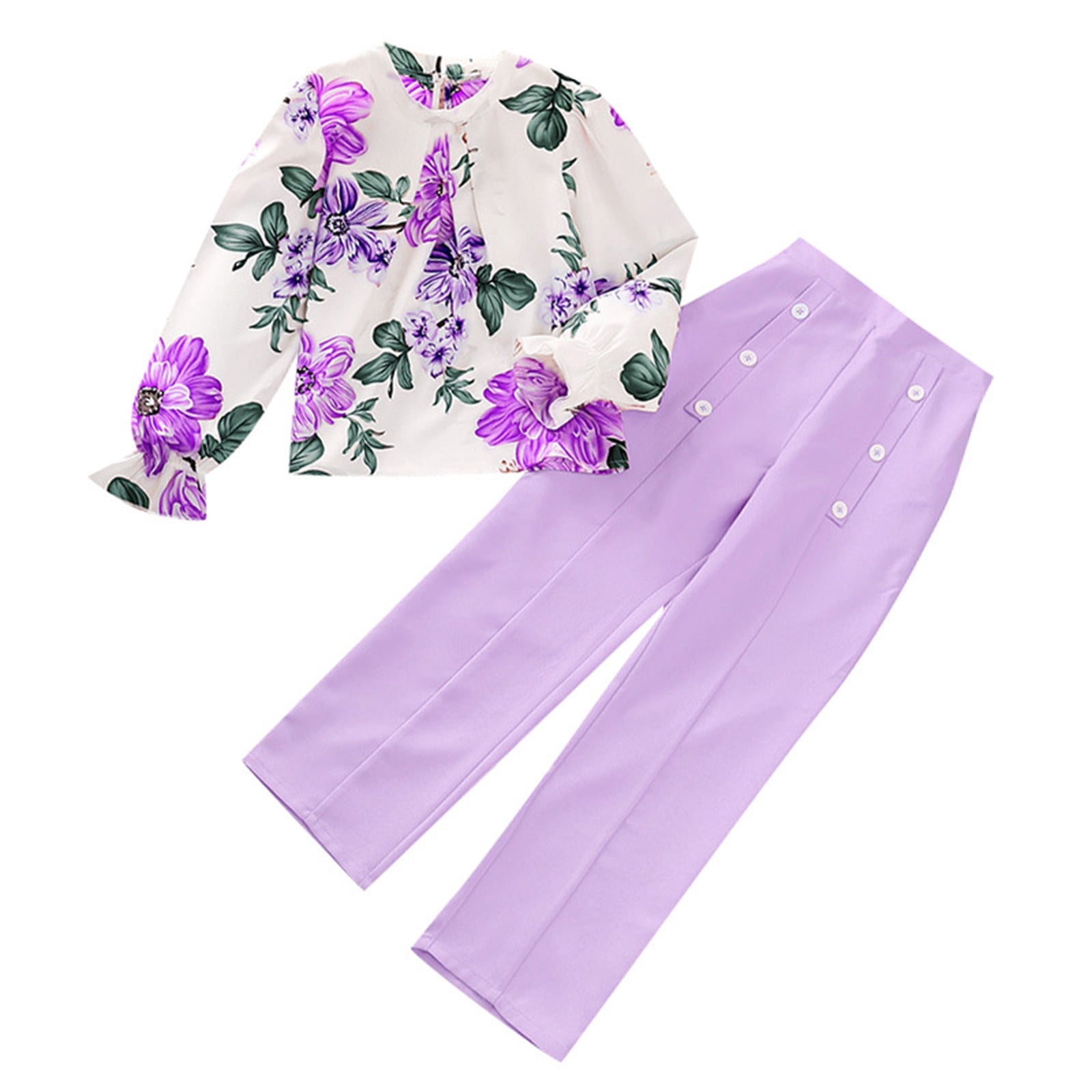Girls Floral Top with Grey Ruffle Vest & Wide-Leg Pants Set
