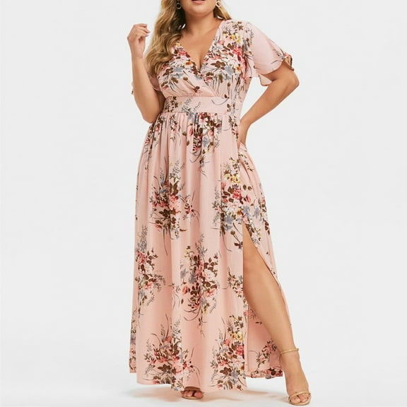 Jophufed Womens Plus Size Summer Dresses 2022 Party Boho Print Maxi Long Dress V-Neck Short Sleeve Dresses for Wedding Guest