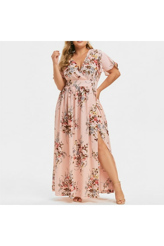 Jophufed Womens Plus Size Summer Dresses 2022 Party Boho Print Maxi Long Dress V-Neck Short Sleeve Dresses for Wedding Guest