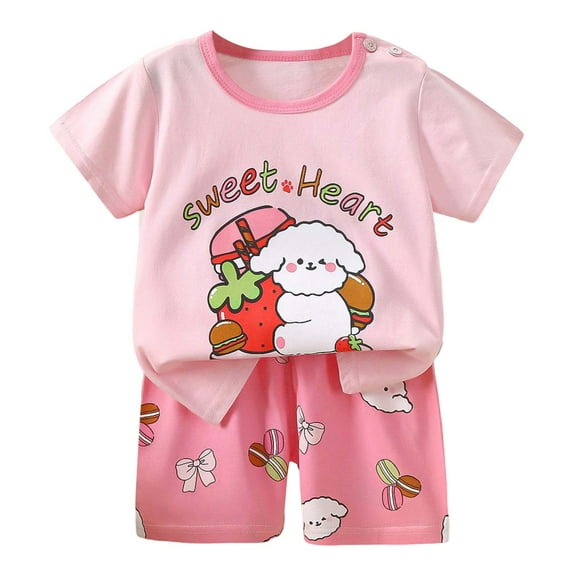 Trolimons Girl's Letter Print Short Sleeve Top Shorts Set, Pink