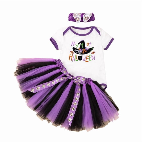Toddler Girls Outfits Casual Lounge Set Halloween Themed Set with Short Sleeved Top and Fluffy Skirt 3Pcs Clothing Set Size 12-24 Months