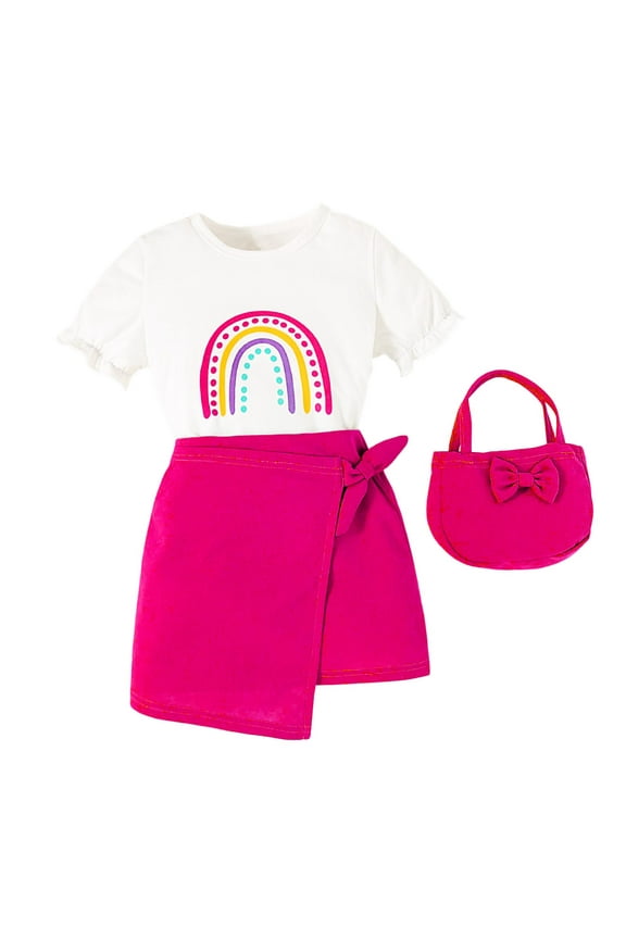 Toddler Girls Outfits Dressy Outfits Kids Baby Spring Summer Print Cotton Short Sleeve Tops Tshirt Skirts Bag Fall Girls Clothes 4 Years-5 Years