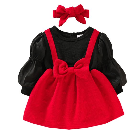Toddler Girls Outfits Dressy Outfits Puff Sleeve Winter Tops Bowknot Cartoon Suspender Dress Headbands Fall Girls Clothings 18 Months-24 Months