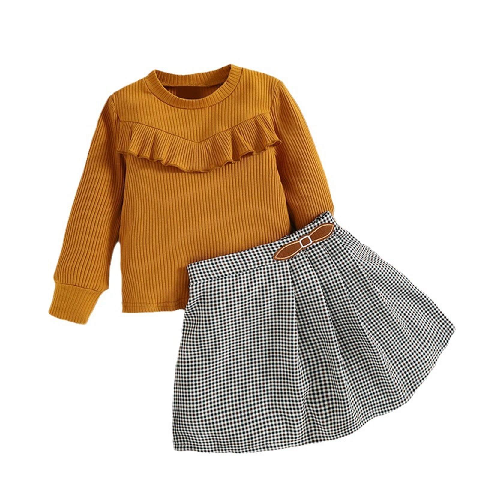 Toddler Girls Outfits Fall And Winter Patchwork Splicing Ruffled Plaid Sweater Umbrella Skirt With Children's Set Girls' Clothing Size 5