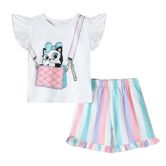 Toddler Girls Outfits Fly Sleeve T Shirt Striped Prints Shorts Kids Sets Clothing Set for Girls Size 7-8T
