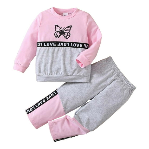 Toddler Girls Outfits Long Sleeve Butterfly Letter Prints Patchwork Color Tops Pants Two Piece Casual Sports Set Kids Clothing Set for Girls Size 2-3T