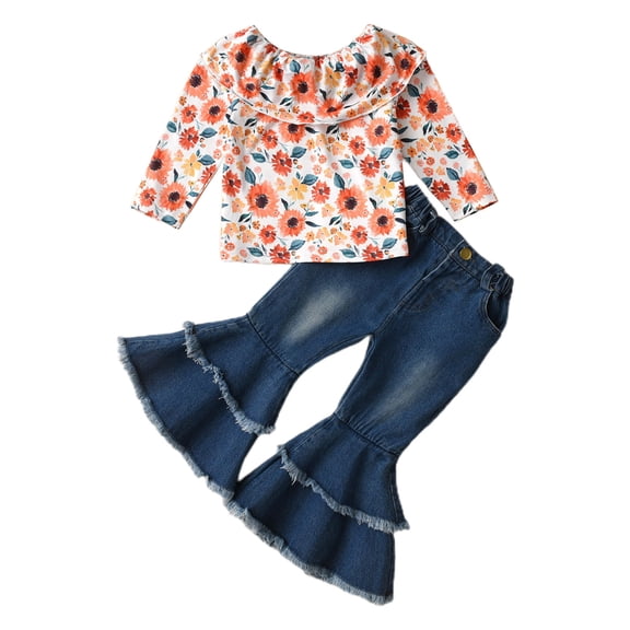 Toddler Girls Outfits Long Sleeve Cartoon Flower Print Tops And Pants 2Pcs Set Children Kids Fall Winter Girls' Clothing Size 18-24 Months