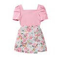 thumbnail image 1 of Toddler Girls Outfits Puff Sleeve Square Neck T Shirt and Floral Skirt 2Pc Clothes Sets, 1 of 6