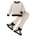 thumbnail image 1 of Toddler Girls Outfits Set Ribbed Long Sleeve Crewneck Top With Flare Pants Casual Winter Fall Kids Clothes Beige Size 4-5T, 1 of 8