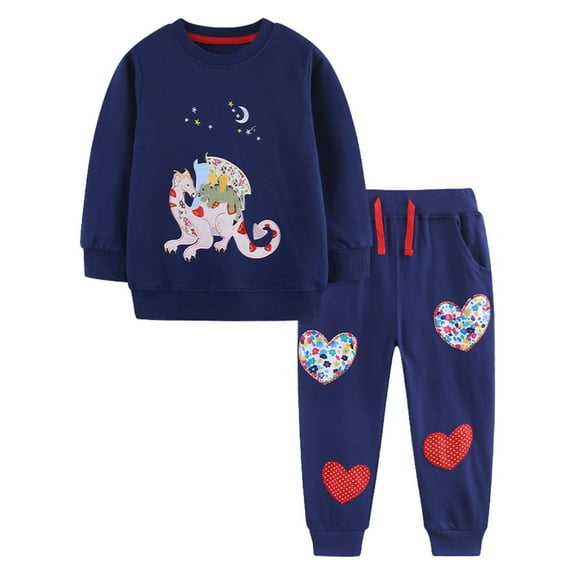 Toddler Girls Outfits Sets 2 Piece Casual Round Neck Printed Tops Pants Fall Girls Clothes Navy Size 4-5T