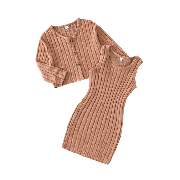 Toddler Girls Outfits Sets Elegant Long Sleeve Cardigan With Solid Ribbed Dress Casual Spring Winter Kids Loose Fit Cute Girls Fall Clothes Orange Size 3-4T