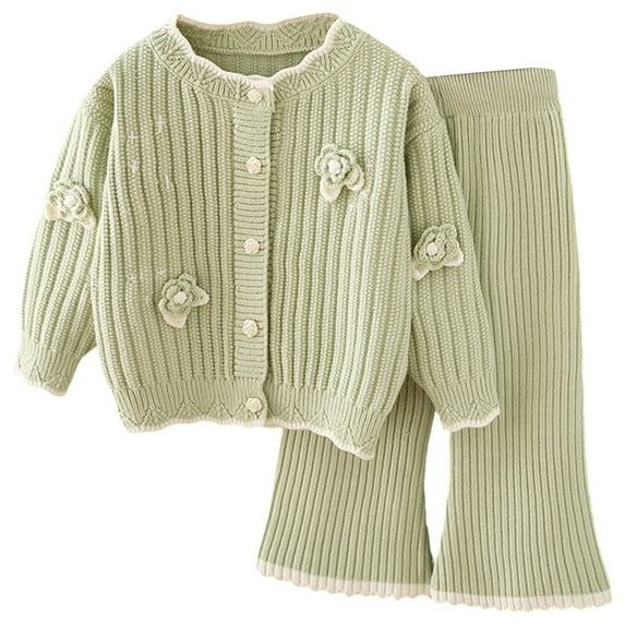 Toddler Girls Outfits Sets Knit Sweater 2 Piece Casual Winter Spring Kids Soft Handmade Floral Design Cute Girls Fall Clothes Green Size 3-4T