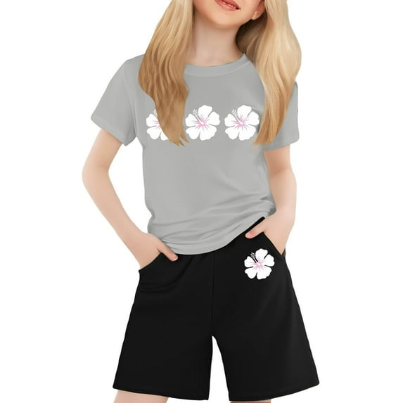 Toddler Girls Outfits Size 6t Floral Prints Crew Neck 2 Piece Matching Suit Party Casual Loose Baby Clothing Set,Grey,6-7 Years