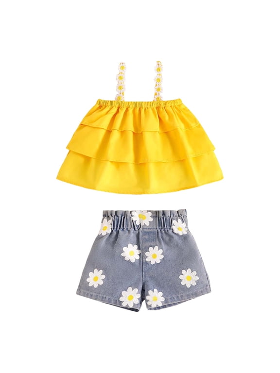 Toddler Girls Outfits Sleeveless T Shirt Tops Vest Denim Floral Prints Shorts Sets Size 3-4T