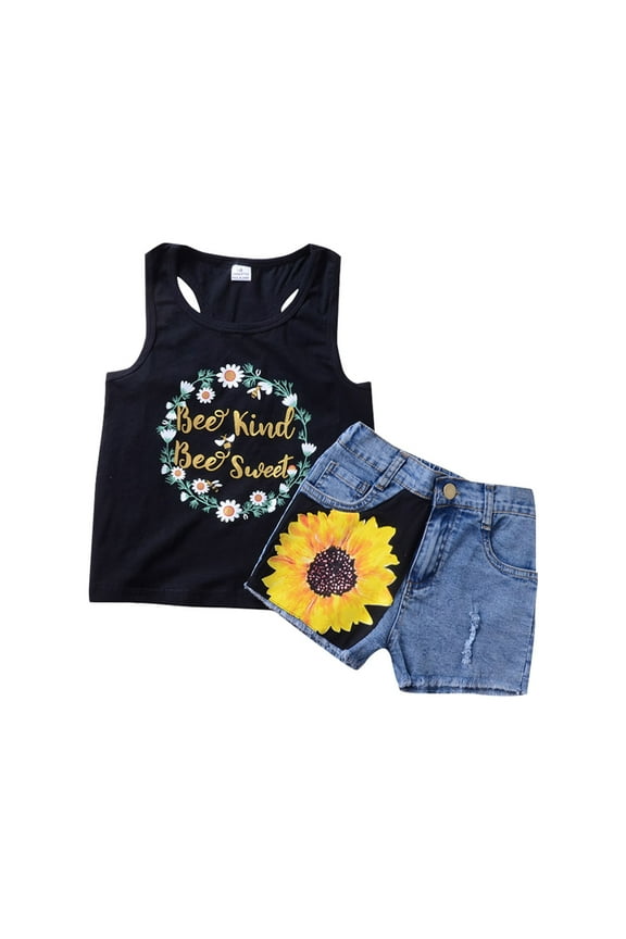 Toddler Girls Outfits Sunflower Printed Sleeveless Tank Top Denim Shorts Sets Summer Clothes Size 2-3T
