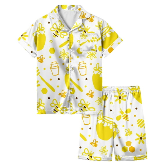 Toddler Girls Pajama Sets Cartoon Honey Print Short Sleeve And Shorts Fashion Casual Daily Children Girls Pajamas Outfit Sets,2 Piece，4 -5 Years