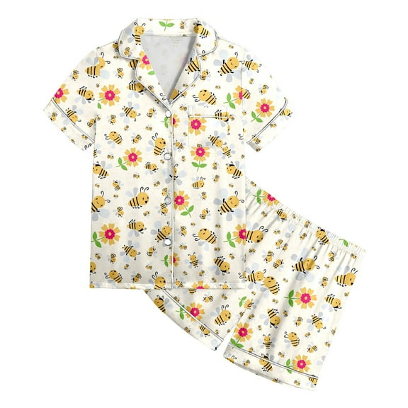 Toddler Girls Pajama Sets Cartoon Honey Print Short Sleeve And Shorts Fashion Casual Daily Children Girls Pajamas Outfit Sets,2 Piece,8 -9 Years