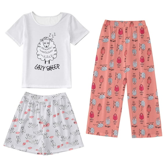 Toddler Girls Pajama Sets Cartoon Sheep Print Short Sleeve T-Shirt Shorts And Print Pants Set Cute Kids Girl Pajama Sets,3Piece，7 -8 Years