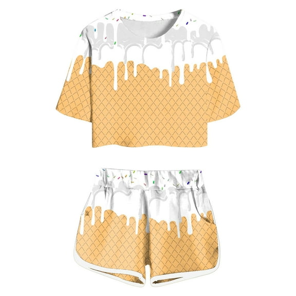 Toddler Girls Pajama Sets Ice Cream Print Short Sleeve T-Shirt And Shorts Set Kids Girls Summer Comfort Playwear Daily Loungewear Pajama Sets，2Piece，6 -7 Years