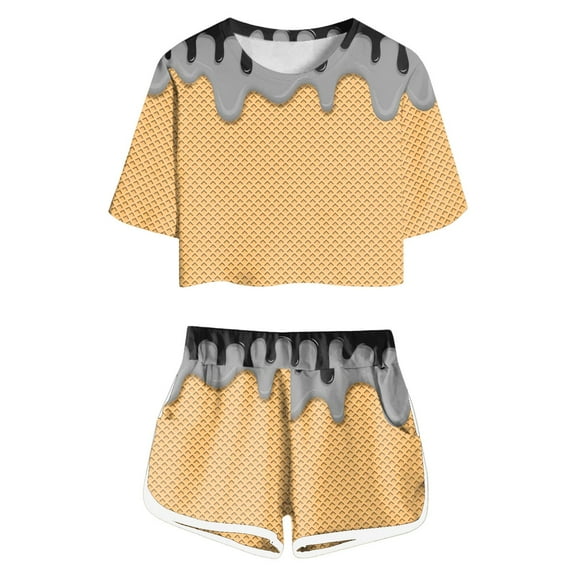 Toddler Girls Pajama Sets Ice Cream Print Short Sleeve T-Shirt And Shorts Set Kids Girls Summer Comfort Playwear Daily Loungewear Pajama Sets，2Piece，9 -10 Years