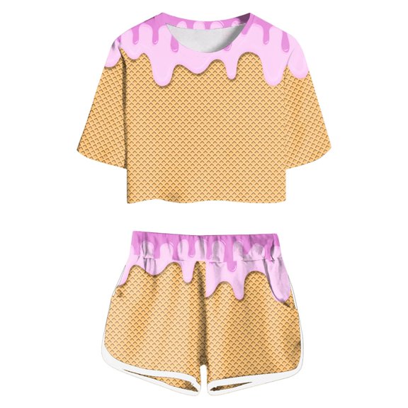 Toddler Girls Pajama Sets Ice Cream Print Short Sleeve T-Shirt And Shorts Set Kids Girls Summer Comfort Playwear Daily Loungewear Pajama Sets，2Piece，9 -10 Years