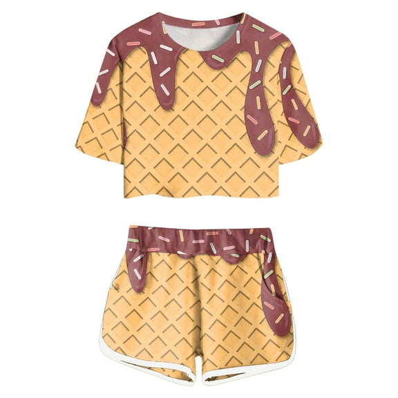 Toddler Girls Pajama Sets Ice Cream Print Short Sleeve T-Shirt And Shorts Set Kids Girls Summer Comfort Playwear Daily Loungewear Pajama Setsďź2Pieceďź9 -10 Years