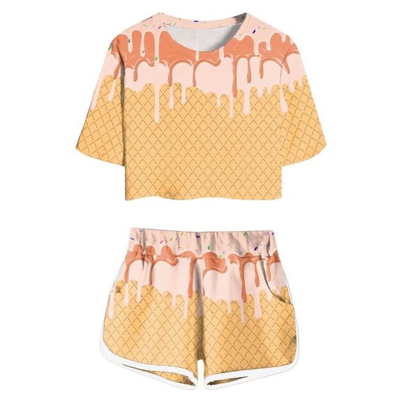 Toddler Girls Pajama Sets Ice Cream Print Short Sleeve T-Shirt And Shorts Set Kids Girls Summer Comfort Playwear Daily Loungewear Pajama Sets，2Piece，9 -10 Years