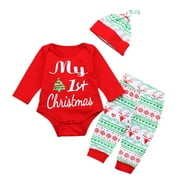 Toddler Girls Pajamas 3Pcs My First Christmas Rompers Hats Pants Christmas Onesies Outfits Pajama Sets for Girls 12M-18M