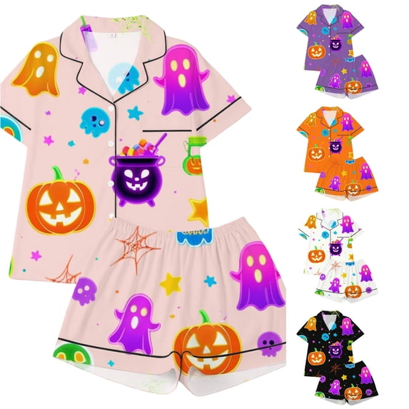 Toddler Girls Pajamas Cute Halloween Colorful Skeleton Graphics Short Sleeve Notched Collar Button Closure Loose Fit 2Pc Summer Fall Lounging Wear Stylish Loungewear,Pink,3-4 Years