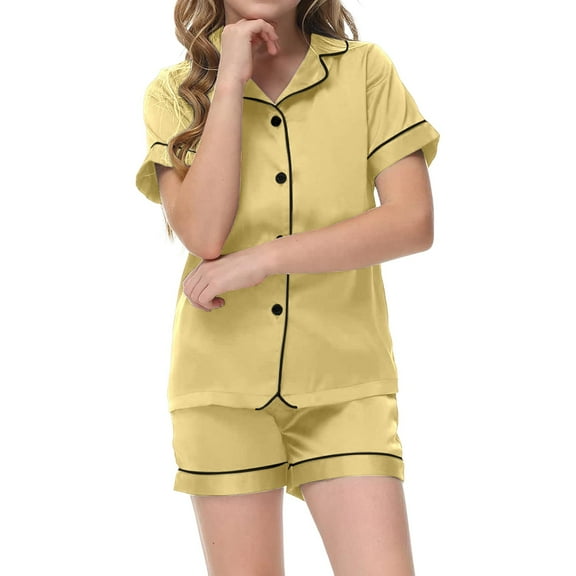 Toddler Girls Pajamas Set Silk Satin Short Sleeve Button-Down Sleepwear with Shorts Girls Summer Pajamas Kids Pajamas Girls 2T