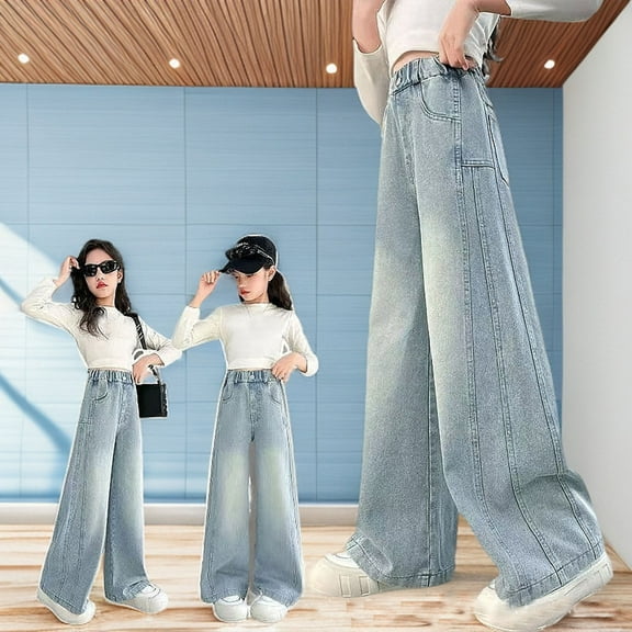 Toddler Girls' Pants Denim Elastic Wasit Wide Leg High Waist Denim Pants Pants for Teen Girls Summer Clothes for Girls