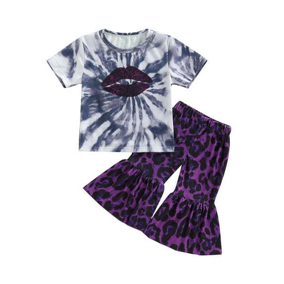 Toddler Girls Pants Set Lips Short Sleeves Round Neck T-Shirt High Waist Leopard Print Bell Bottom Outfits