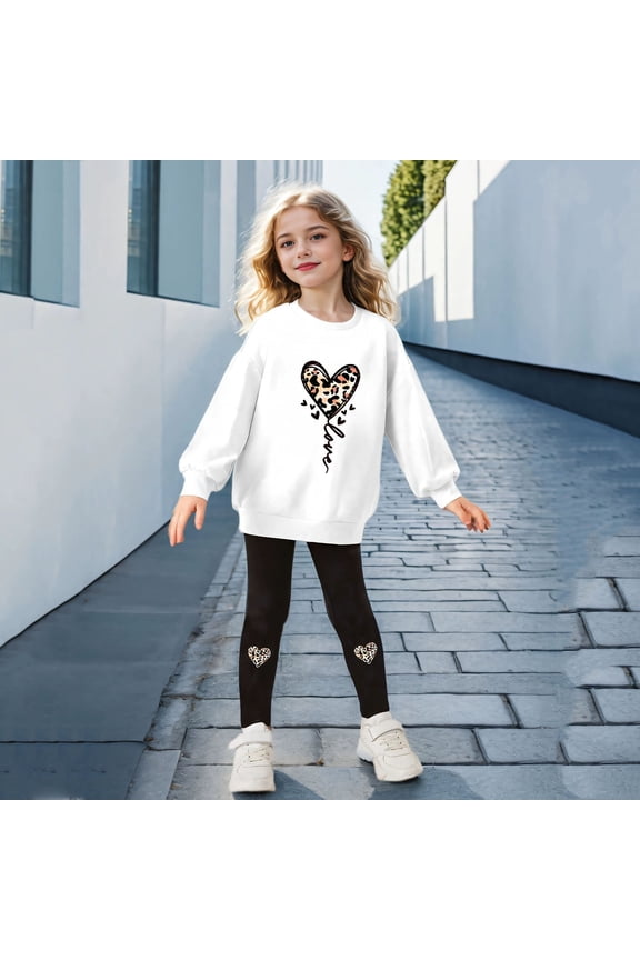 Toddler Girls Pants Set Outfits Set Long Sleeve Matching Sets Hooded Leopard Print Hearts Graphic Sweatshirt Fitted Leggings Comfy Two Piece Playwear Youth Daily Wear Clothes Set White 4-5 Years