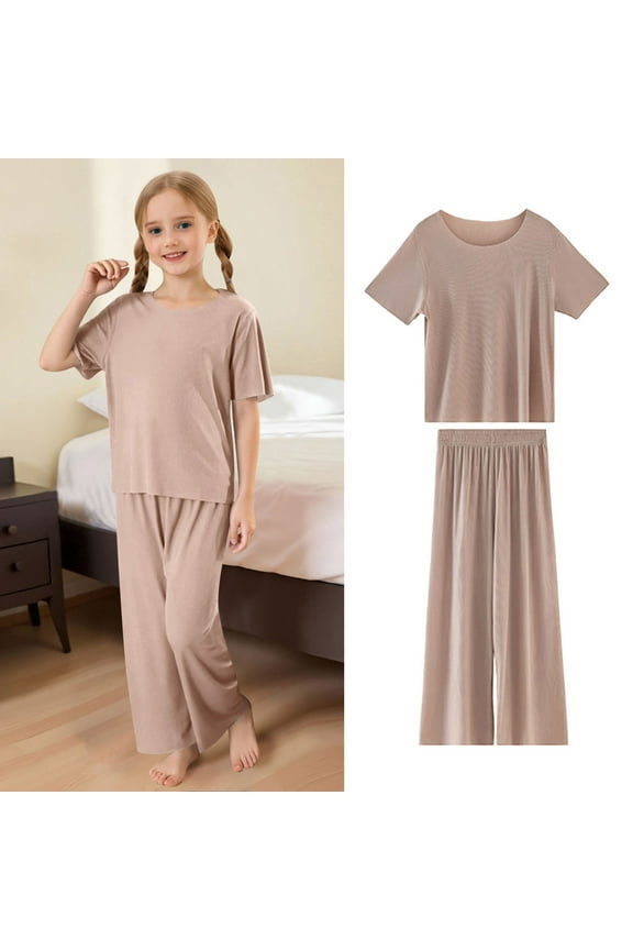 Toddler Girls Pants Set Outfits Set Short Sleeve Matching Sets Summer Outfits Soft Ribbed Round Neck Long Pants Set Casual Comfortable Loungewear And Kids Clothes Set Khaki 3-4 Years