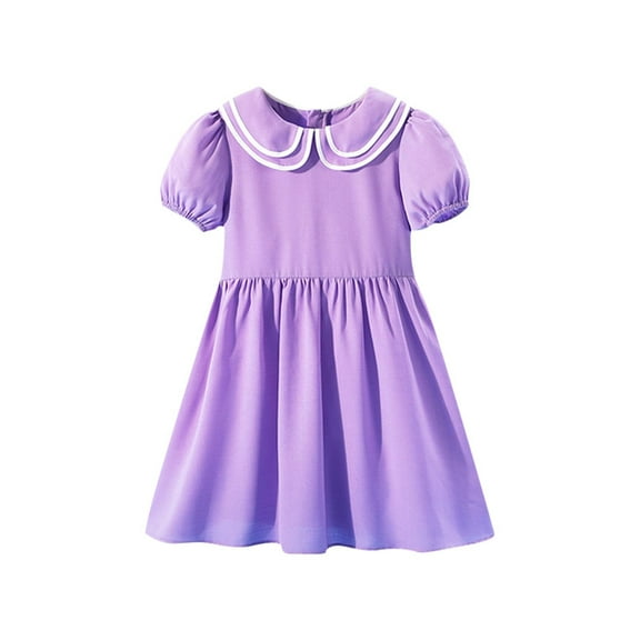 Toddler Girls Party Dress s Puff Sleeve Collared A-Line Solid Color Knee Length Dresses Back Zipper Closure for Party School Easter Outfit 3-14T New Purples 3T