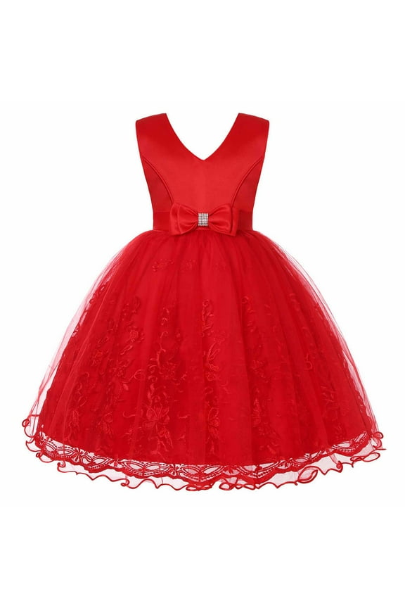 Toddler Girls Party Dress Formal Wedding Embraoidered Skirt Lace Lace Performance Christmas Party Flower Lace Bridesmaid Long Pageant Dresses For Girls Fancy Dress Red 3-4 Years